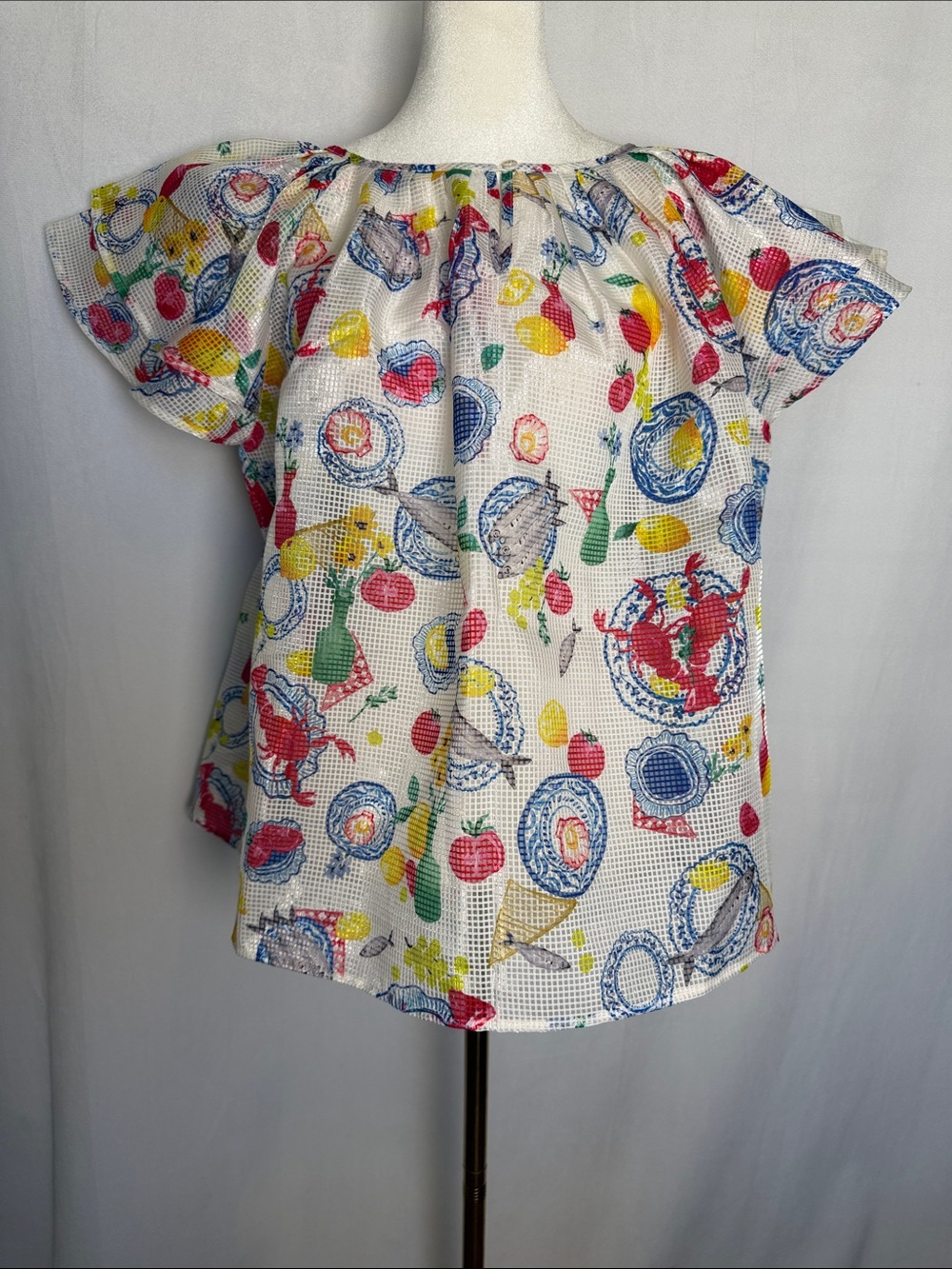 Corey Lynn Calter Festive Feast Blouse Size L Lobster Lemon Flutter Sleeve EUC - Picture 2 of 12